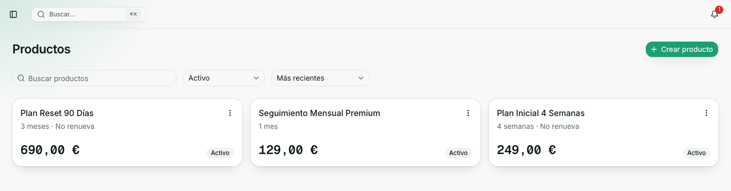 Catálogo de Productos en Hebulab, con tres planes activos, su duración y su precio