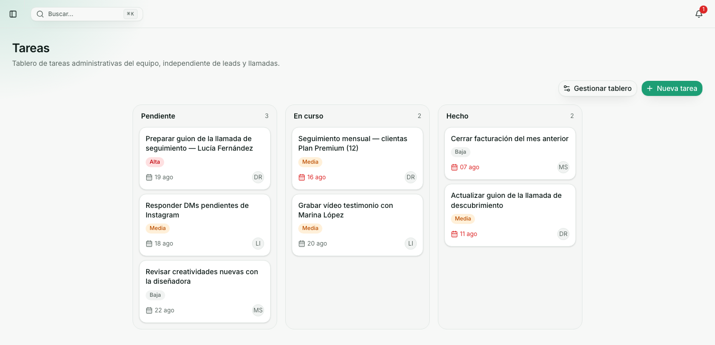 Tablero de Tareas en Hebulab, con las columnas Pendiente, En curso y Hecho